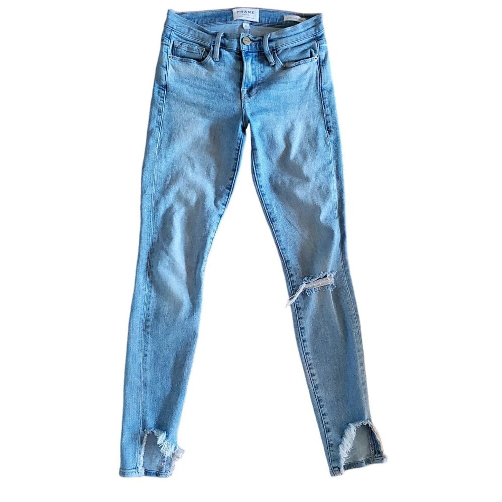 FRAME Denim Le Skinny de Jeanne Mid Rise Distressed Skinny Jeans Blue Sz 23/24